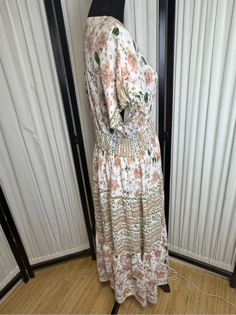 Floral V-Neck Smocked Waist Maxi Dress - Cream & Green - Picture 3 of 8